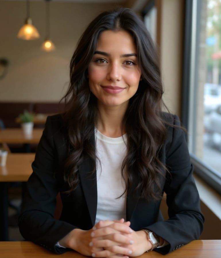 Example of the Café Candid style with an AI-generated demo model
